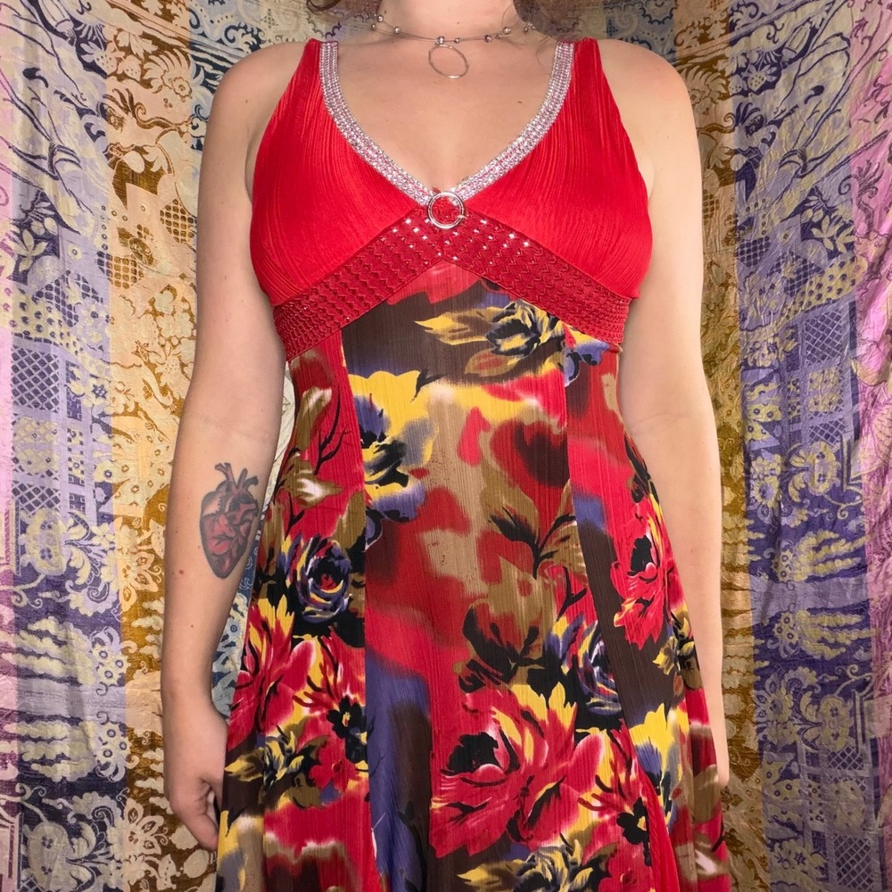 Red Floral Empire Waist Romantic Whimsy Art to Wear Midi Dress Size L 2000s Chic